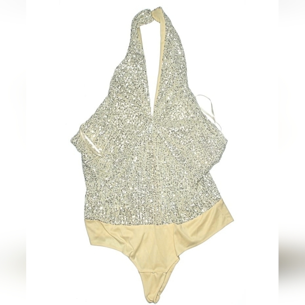 Ieena For Mac Duggal Sparkly Sequin Holiday Halter Bodysuit XL